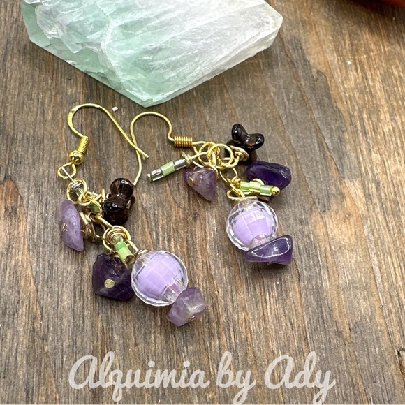 Amethyst big gold statement dangle long chandelier earrings - Picture 1 of 4